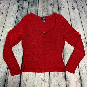 VTG Y2K 90s Heart Soul Red Long Sleeve Terry Cloth Heart Print V-Neck Top Large